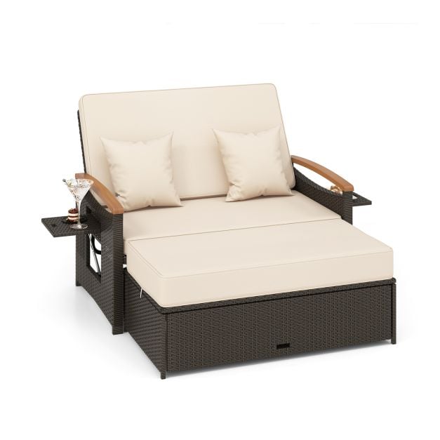 Outdoor Wicker Daybed Rattan Woven Loveseat with Storage Ottoman - TidySpaces