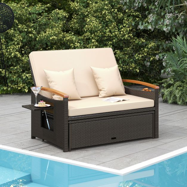Outdoor Wicker Daybed Rattan Woven Loveseat with Storage Ottoman - TidySpaces