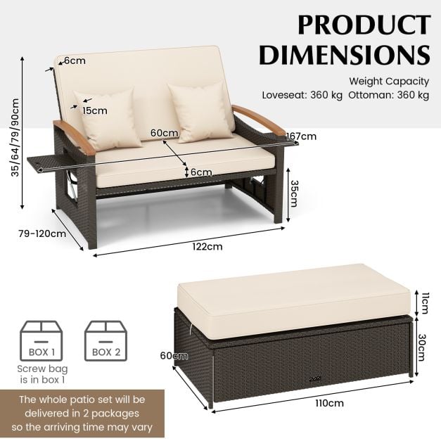 Outdoor Wicker Daybed Rattan Woven Loveseat with Storage Ottoman - TidySpaces
