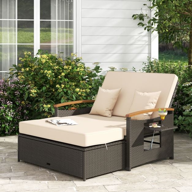 Outdoor Wicker Daybed Rattan Woven Loveseat with Storage Ottoman - TidySpaces
