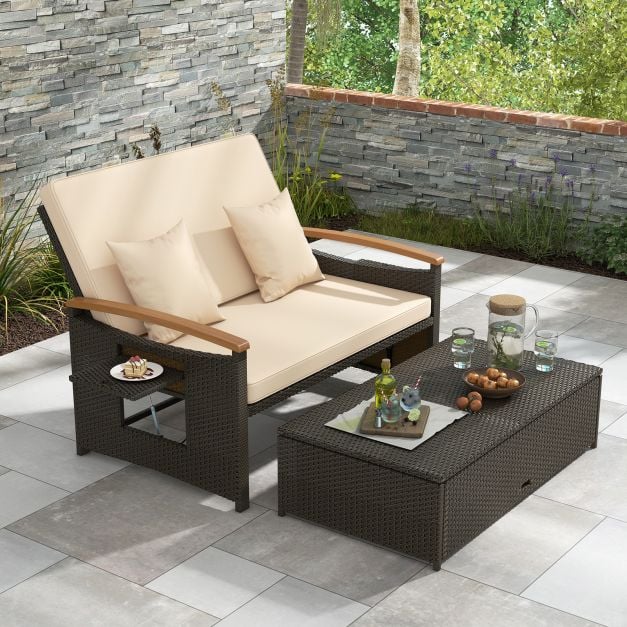 Outdoor Wicker Daybed Rattan Woven Loveseat with Storage Ottoman - TidySpaces