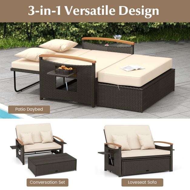 Outdoor Wicker Daybed Rattan Woven Loveseat with Storage Ottoman - TidySpaces