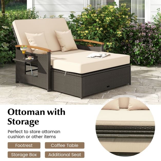 Outdoor Wicker Daybed Rattan Woven Loveseat with Storage Ottoman - TidySpaces