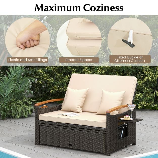 Outdoor Wicker Daybed Rattan Woven Loveseat with Storage Ottoman - TidySpaces