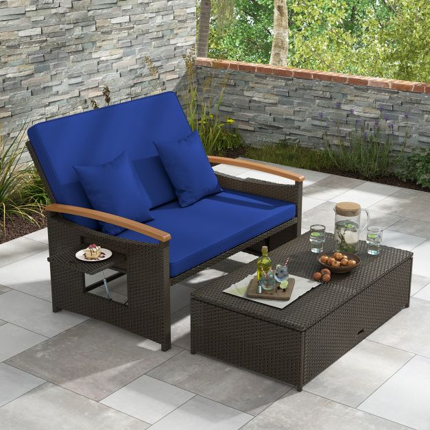 Outdoor Wicker Daybed Rattan Woven Loveseat with Storage Ottoman - TidySpaces