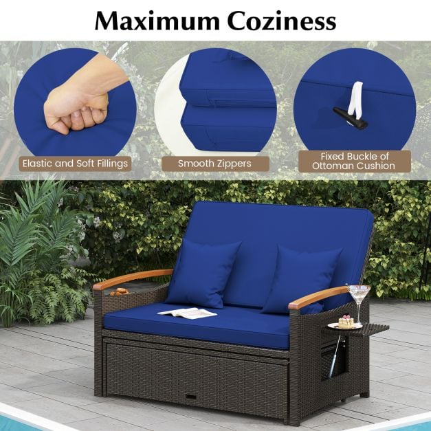 Outdoor Wicker Daybed Rattan Woven Loveseat with Storage Ottoman - TidySpaces