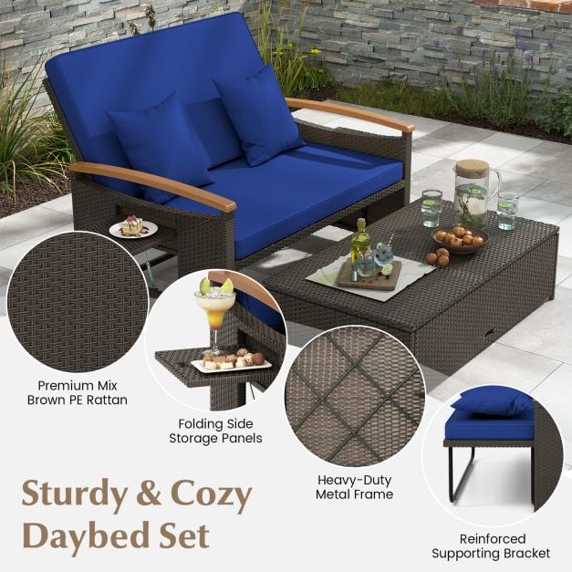 Outdoor Wicker Daybed Rattan Woven Loveseat with Storage Ottoman - TidySpaces