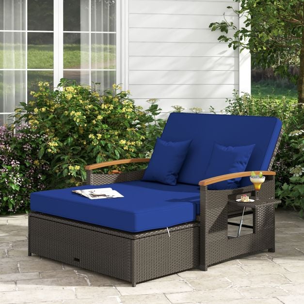 Outdoor Wicker Daybed Rattan Woven Loveseat with Storage Ottoman - TidySpaces