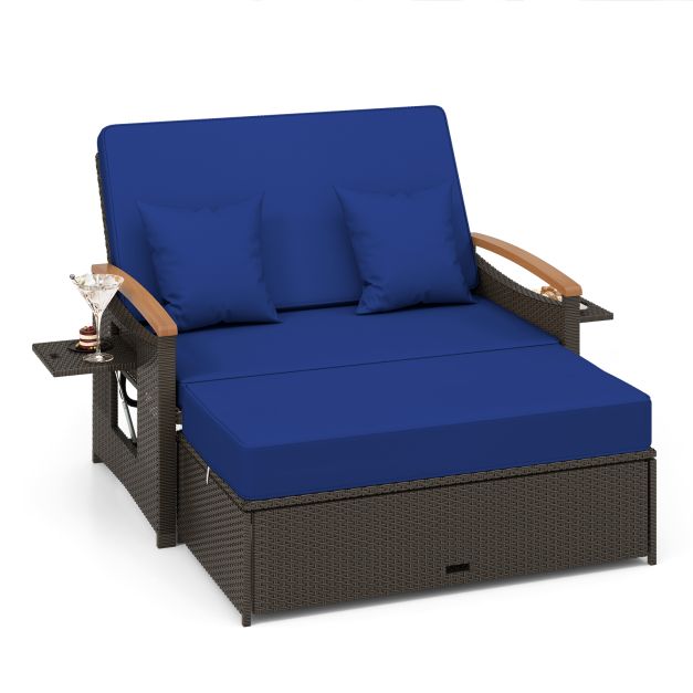 Outdoor Wicker Daybed Rattan Woven Loveseat with Storage Ottoman - TidySpaces