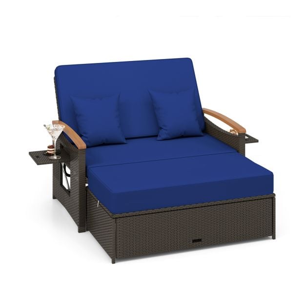 Outdoor Wicker Daybed Rattan Woven Loveseat with Storage Ottoman - TidySpaces