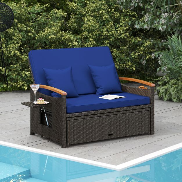 Outdoor Wicker Daybed Rattan Woven Loveseat with Storage Ottoman - TidySpaces