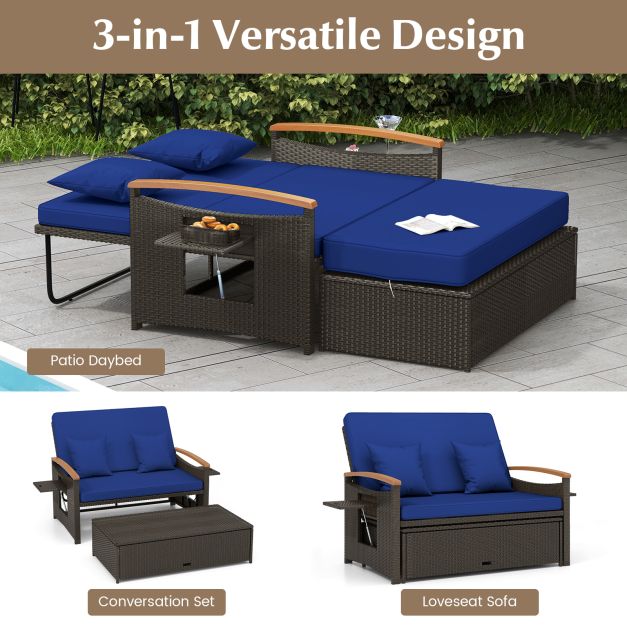 Outdoor Wicker Daybed Rattan Woven Loveseat with Storage Ottoman - TidySpaces