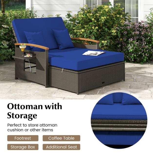Outdoor Wicker Daybed Rattan Woven Loveseat with Storage Ottoman - TidySpaces