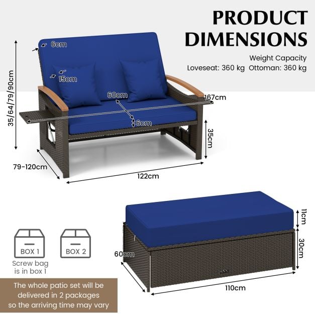 Outdoor Wicker Daybed Rattan Woven Loveseat with Storage Ottoman - TidySpaces