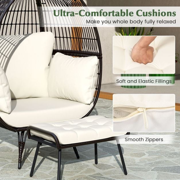 Patio Oversized Egg Chair with Ottoman and Soft Cushions-Off White