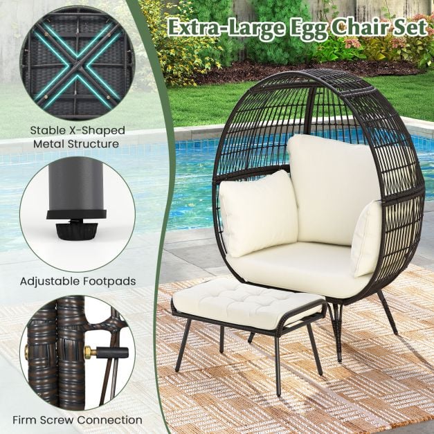 Patio Oversized Egg Chair with Ottoman and Soft Cushions-Off White
