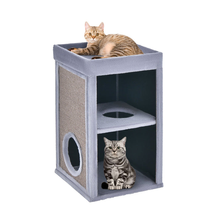 2-Tier Cat House with Sisal Scratch Boards-Grey - TidySpaces
