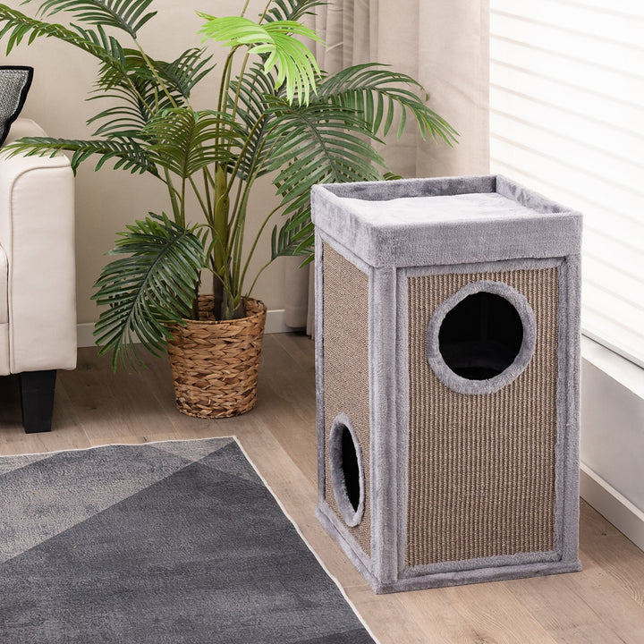 2-Tier Cat House with Sisal Scratch Boards-Grey - TidySpaces