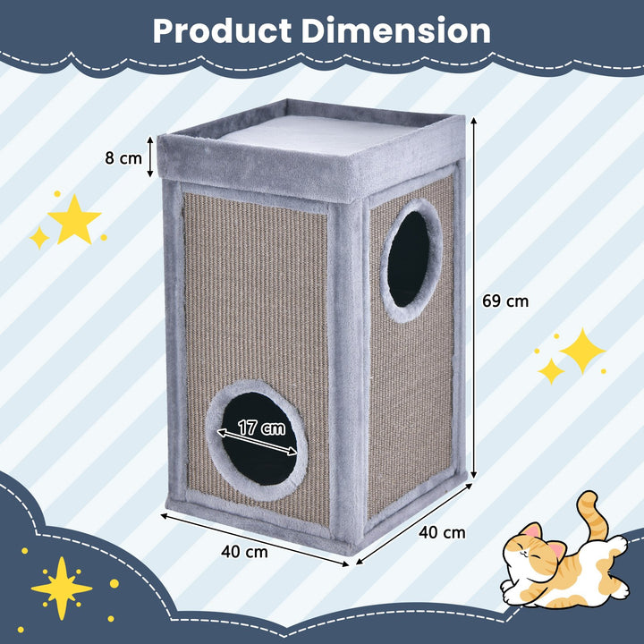2-Tier Cat House with Sisal Scratch Boards-Grey - TidySpaces