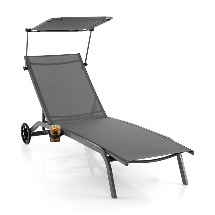 Patio Chaise Lounge Chair with Wheels and Adjustable Canopy-Grey - TidySpaces
