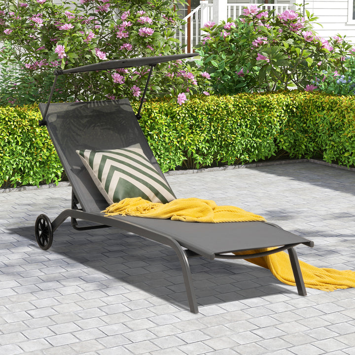 Patio Chaise Lounge Chair with Wheels and Adjustable Canopy-Grey - TidySpaces