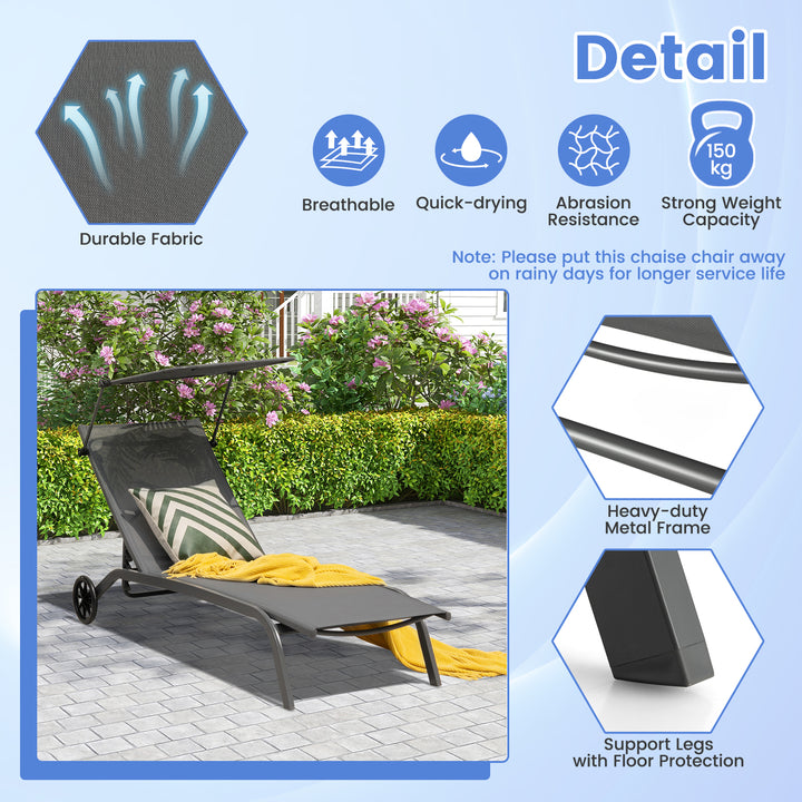 Patio Chaise Lounge Chair with Wheels and Adjustable Canopy-Grey - TidySpaces