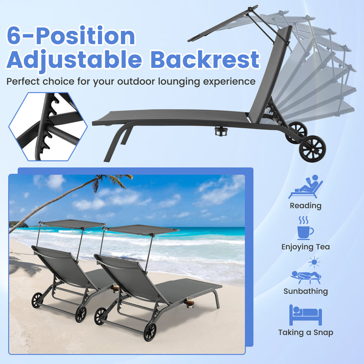 Patio Chaise Lounge Chair with Wheels and Adjustable Canopy-Grey - TidySpaces