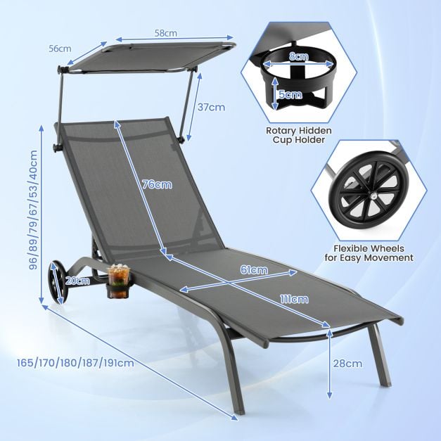 Patio Chaise Lounge Chair with Wheels and Adjustable Canopy - TidySpaces