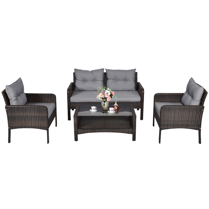 4 Pieces PE Rattan Patio Conversation Set Grey - TidySpaces