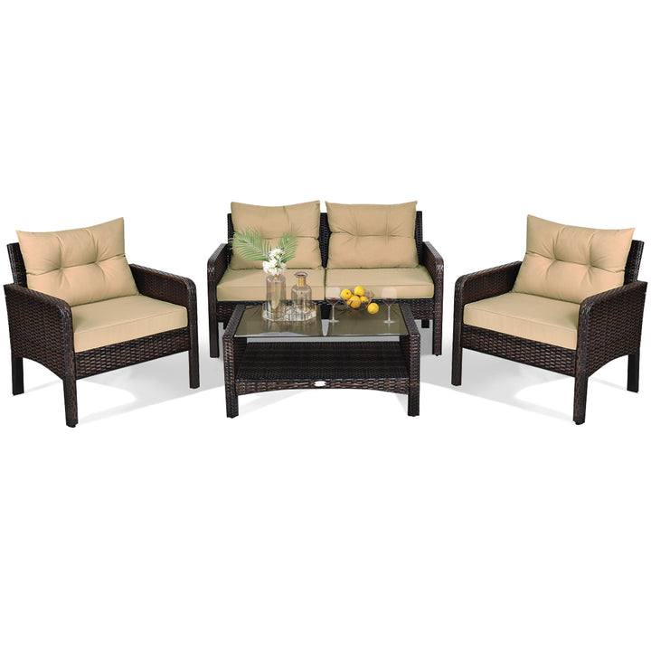 4 Pieces PE Rattan Patio Conversation Set Yellow - TidySpaces