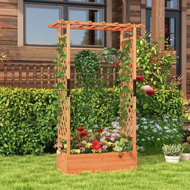 Raised Garden Bed Fir Wood Planter Box with 2-Sided Trellis and Hanging Roof