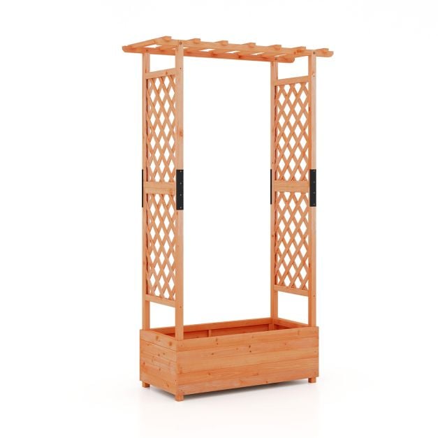 Raised Garden Bed Fir Wood Planter Box with 2-Sided Trellis and Hanging Roof