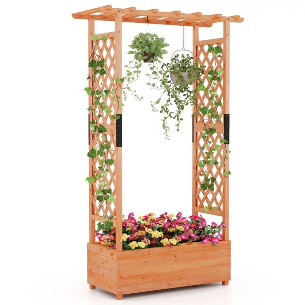 Raised Garden Bed Fir Wood Planter Box with 2-Sided Trellis and Hanging Roof