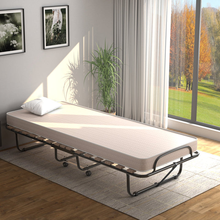 Rollaway Folding Bed with Memory Foam Mattress Guest Bed with Wheels-Beige - TidySpaces