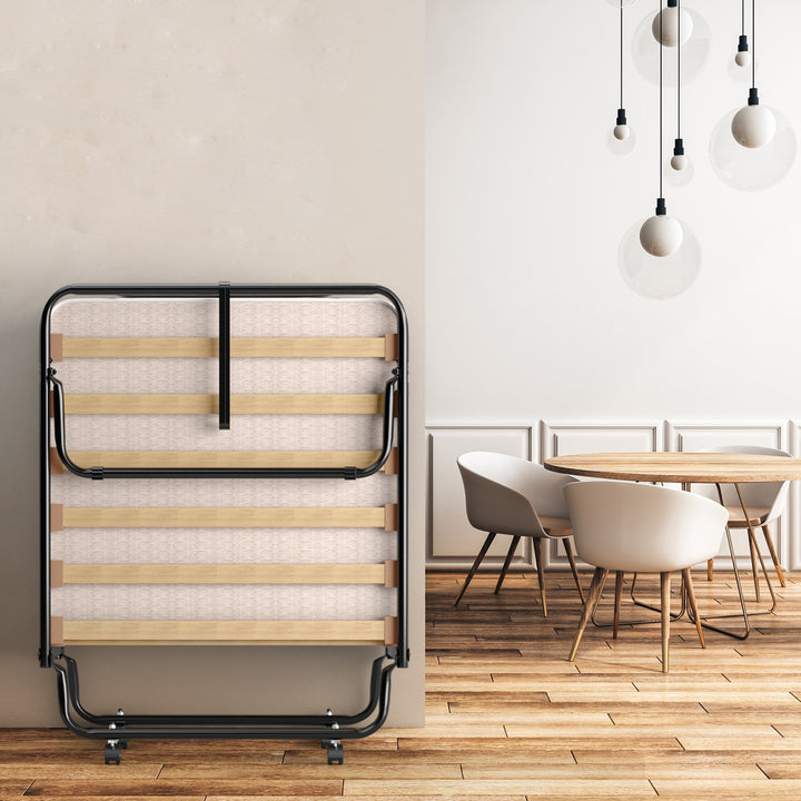 Rollaway Folding Bed with Memory Foam Mattress Guest Bed with Wheels-Beige - TidySpaces