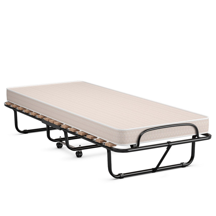 Rollaway Folding Bed with Memory Foam Mattress Guest Bed with Wheels-Beige - TidySpaces