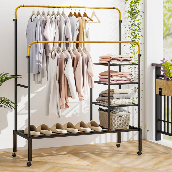 Rolling Clothes Drying Rack with 2 Adjustable Hanging Bars - TidySpaces