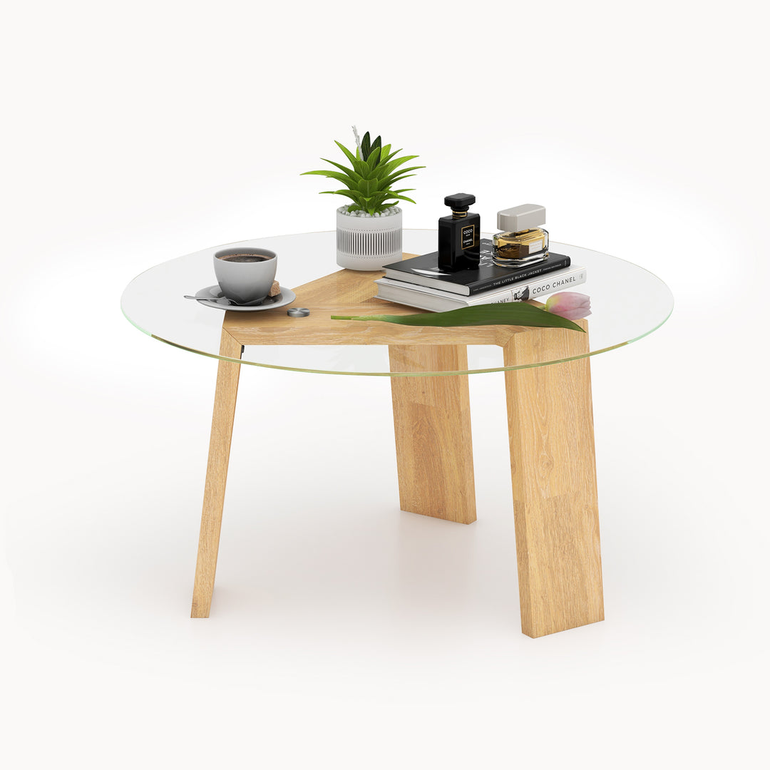 Round Coffee Table with Rubber Wood Tripod Support Frame Natural - TidySpaces
