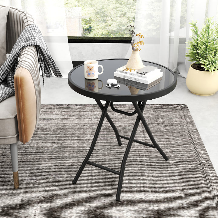 Round Folding Side Patio Coffee Table with Tempered Glass Tabletop - TidySpaces