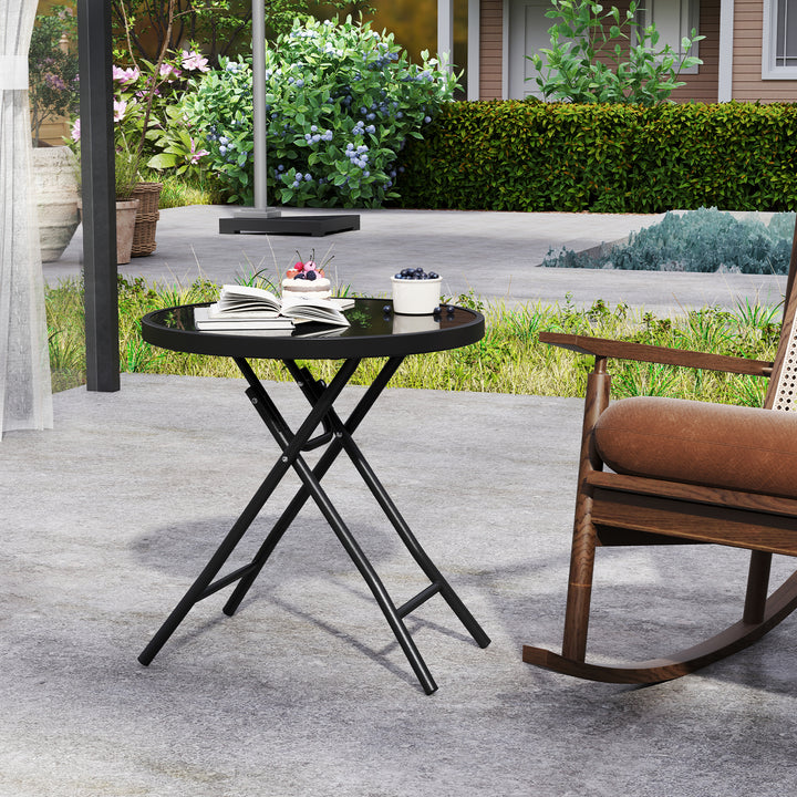 Round Folding Side Patio Coffee Table with Tempered Glass Tabletop - TidySpaces