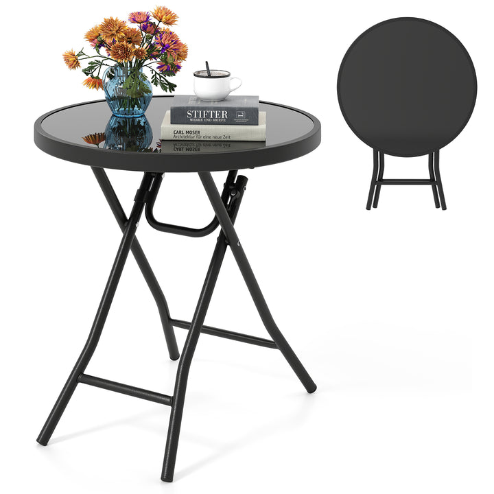 Round Folding Side Patio Coffee Table with Tempered Glass Tabletop - TidySpaces