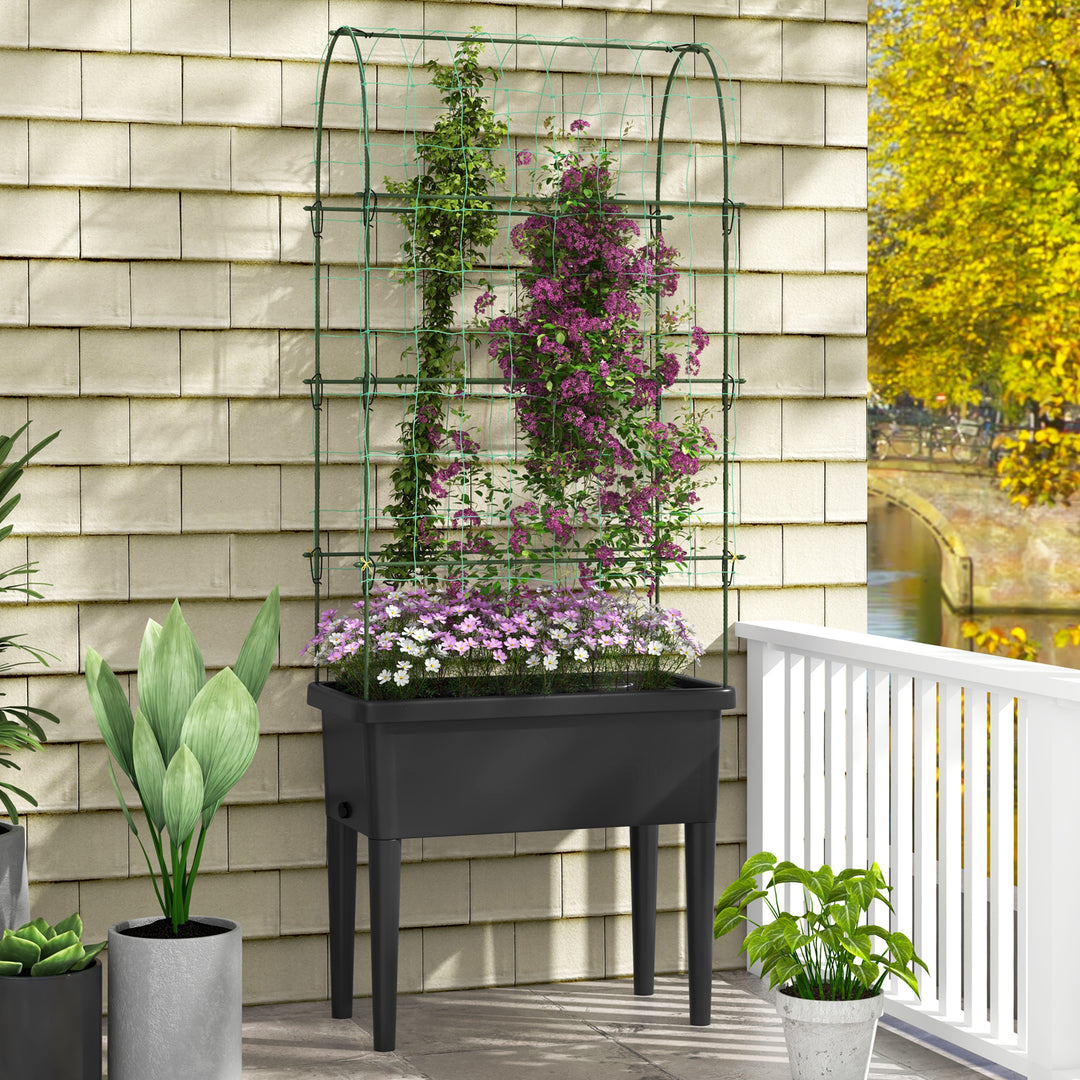 Self-watering Raised Garden Bed with Climbing Trellis-Black - TidySpaces