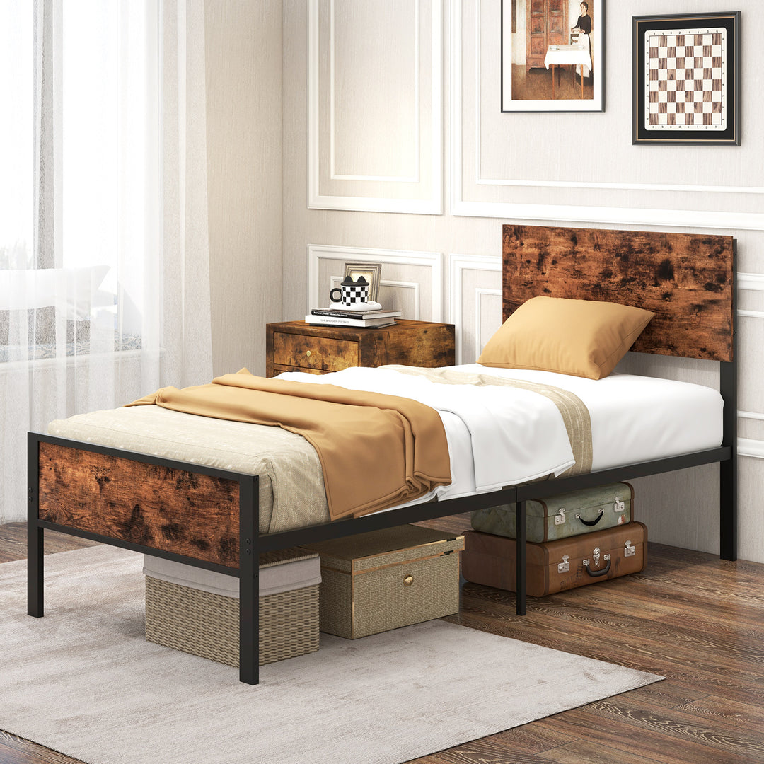 Metal Platform Bed with Headboard and Footboard-Brown-Single Size - TidySpaces
