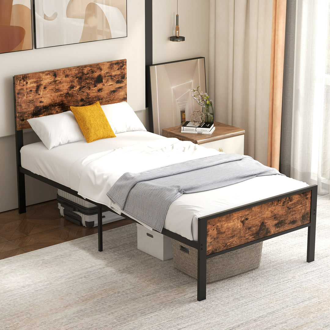 Metal Platform Bed with Headboard and Footboard-Brown-Single Size - TidySpaces