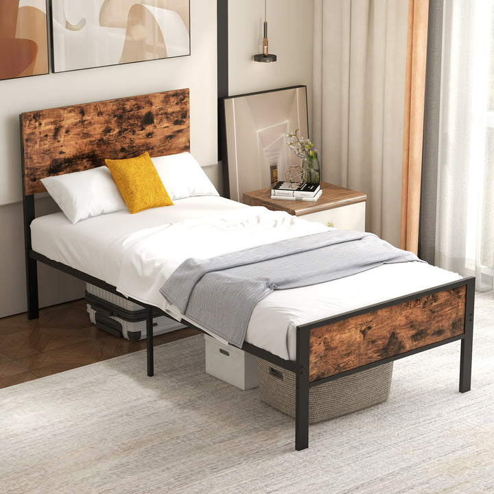 Metal Platform Bed with Headboard and Footboard-Brown-Single Size - TidySpaces