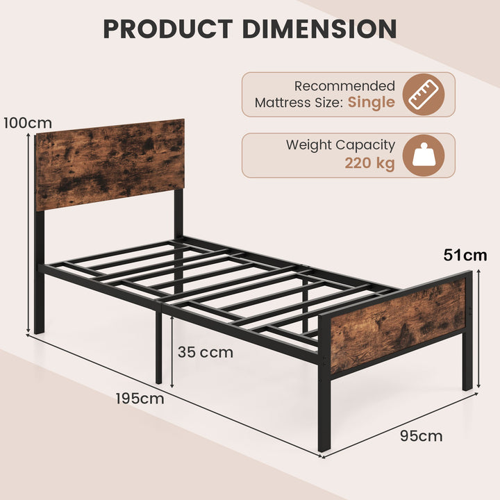 Metal Platform Bed with Headboard and Footboard-Brown-Single Size - TidySpaces