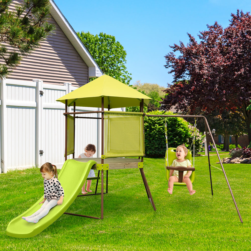 4-in-1 Swing Set with Height Adjustable Baby Seat, Metal Stand and Ground Stakes-Green - TidySpaces