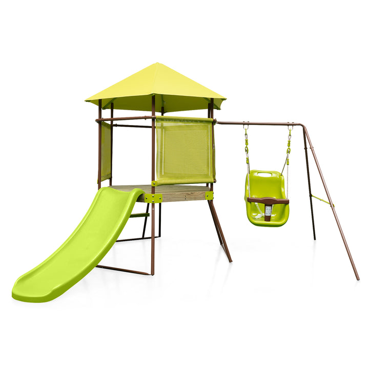 4-in-1 Swing Set with Height Adjustable Baby Seat, Metal Stand and Ground Stakes-Green - TidySpaces