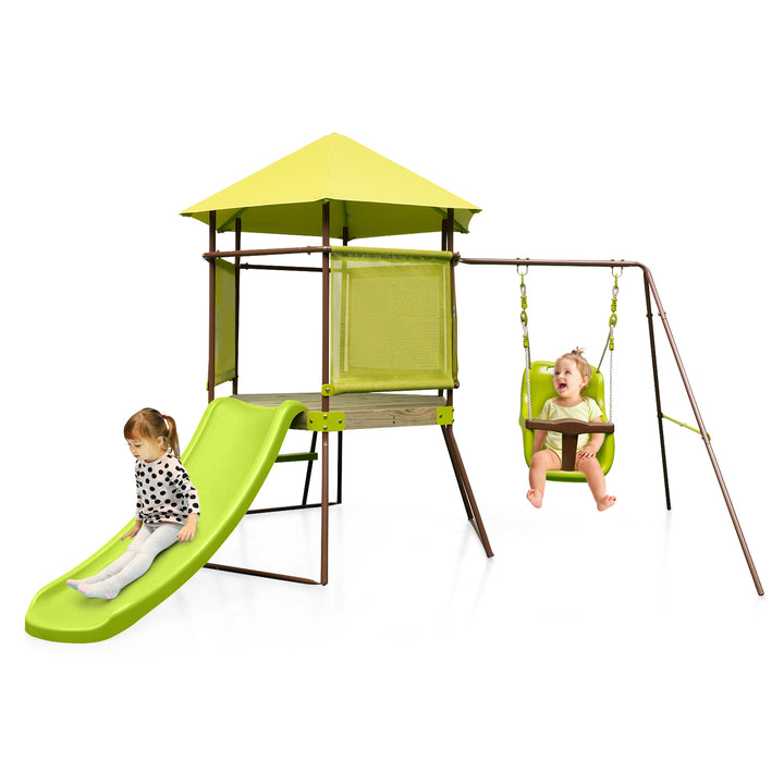 4-in-1 Swing Set with Height Adjustable Baby Seat, Metal Stand and Ground Stakes-Green - TidySpaces