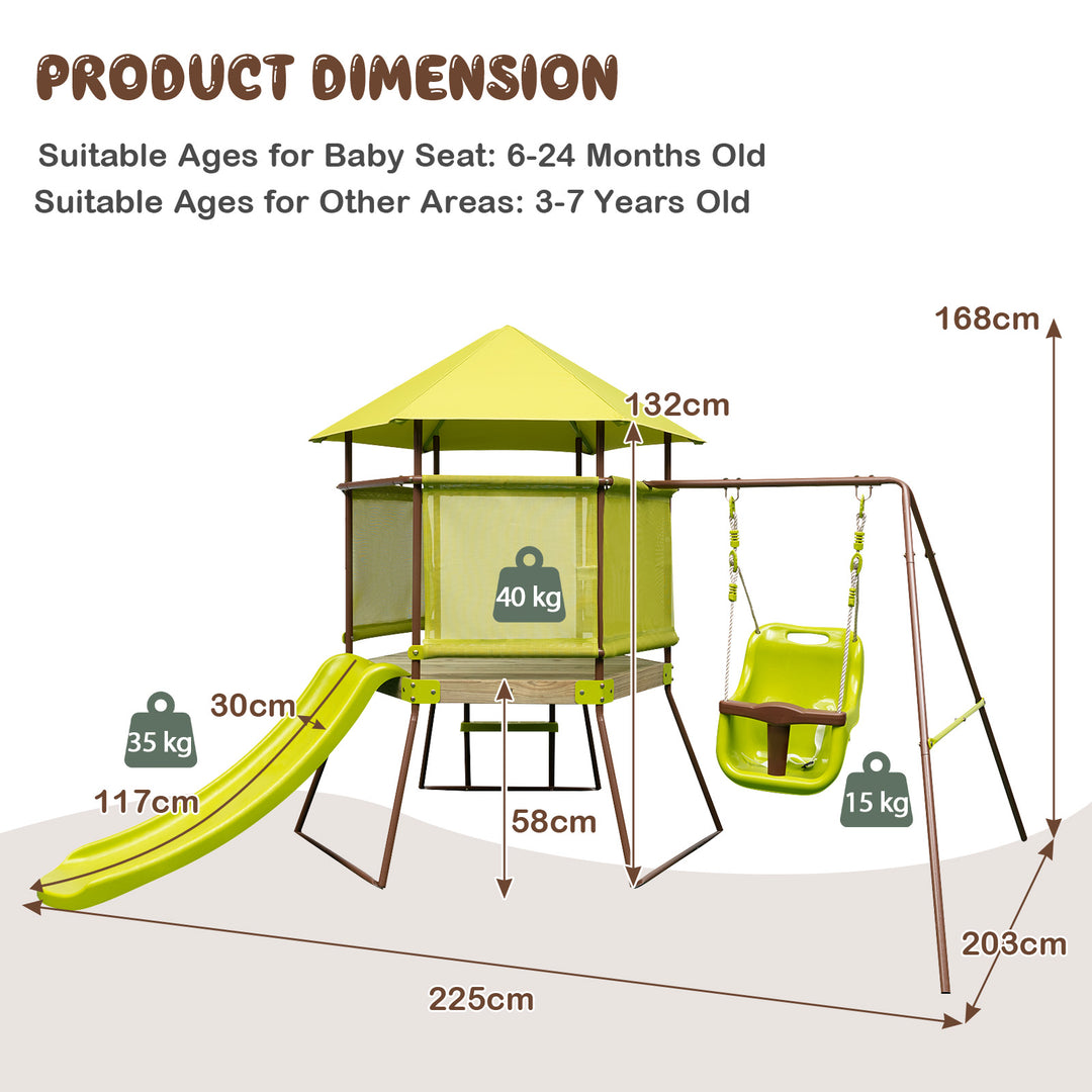 4-in-1 Swing Set with Height Adjustable Baby Seat, Metal Stand and Ground Stakes-Green - TidySpaces